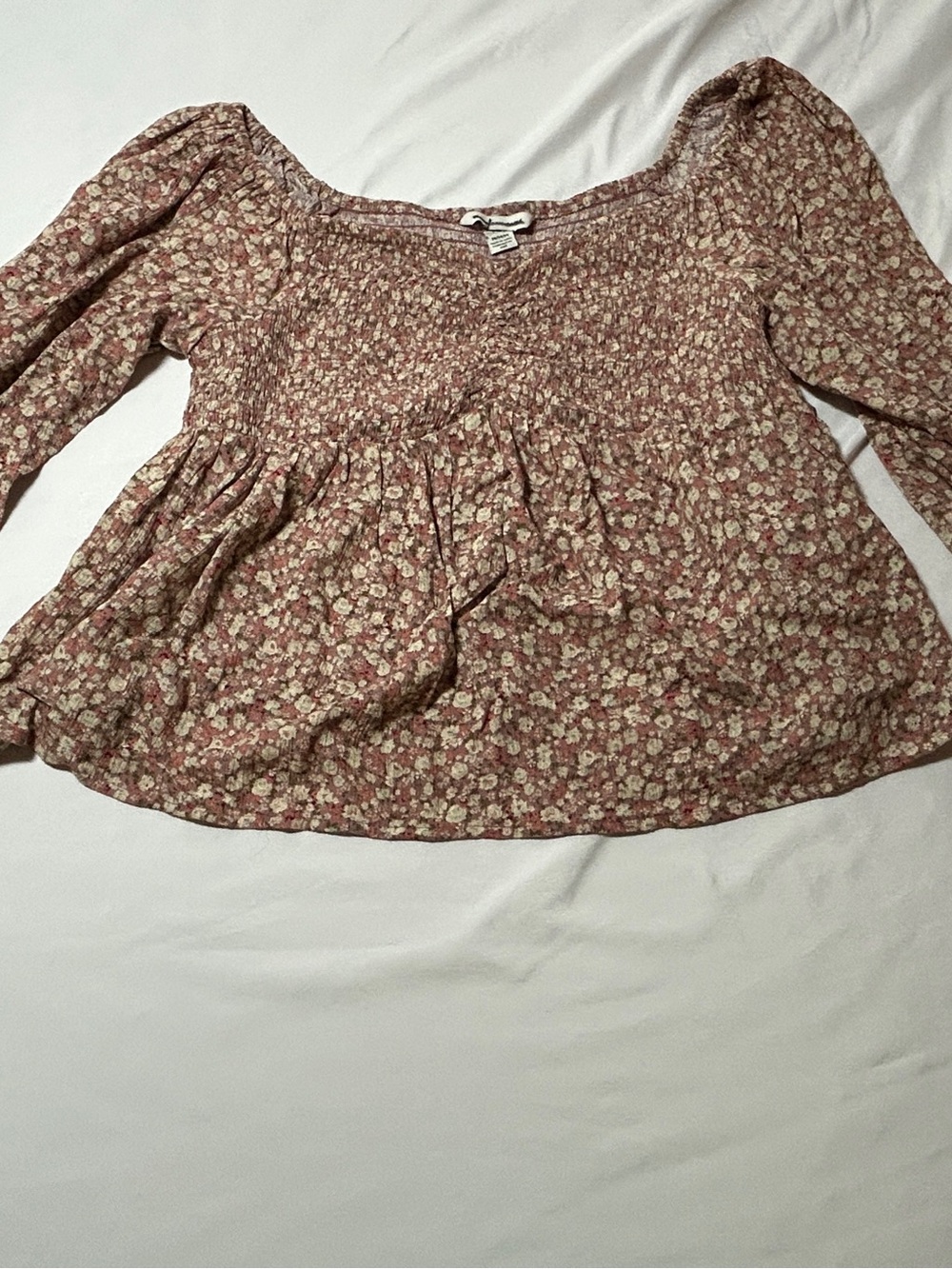 American Eagle Outfitters Dusty Rose Floral Smocked Peasant Top